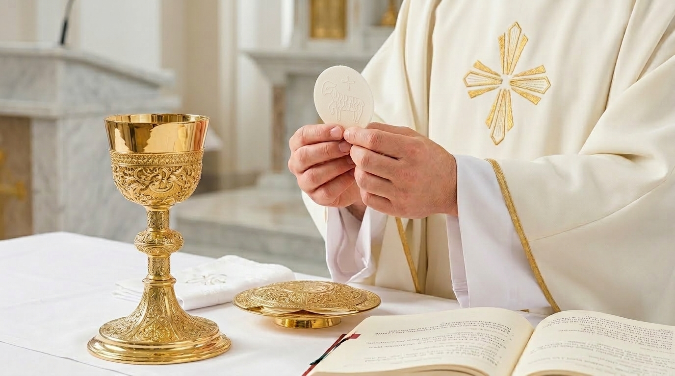 Pan de Santo altar bread on golden paten with wheat